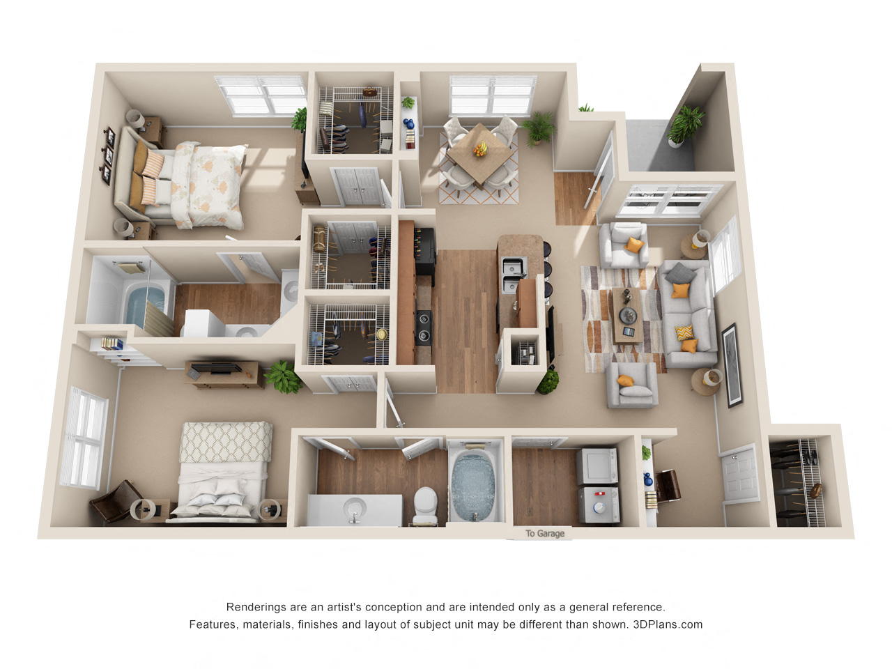 Floor plan for 2 beds, 2 baths, 1216 sqft